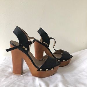 Wooden and black block heeled platform heels